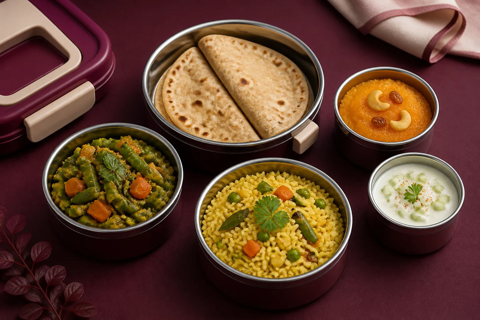 One Big Basket vegetarian Full Meal with two rotis, curry, Karnataka-style rice preparation, dessert and raita.