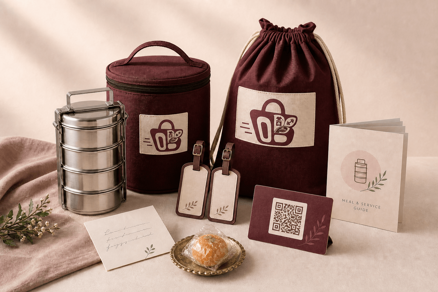 Proposed reusable One Big Basket meal and laundry welcome kit with branded bags