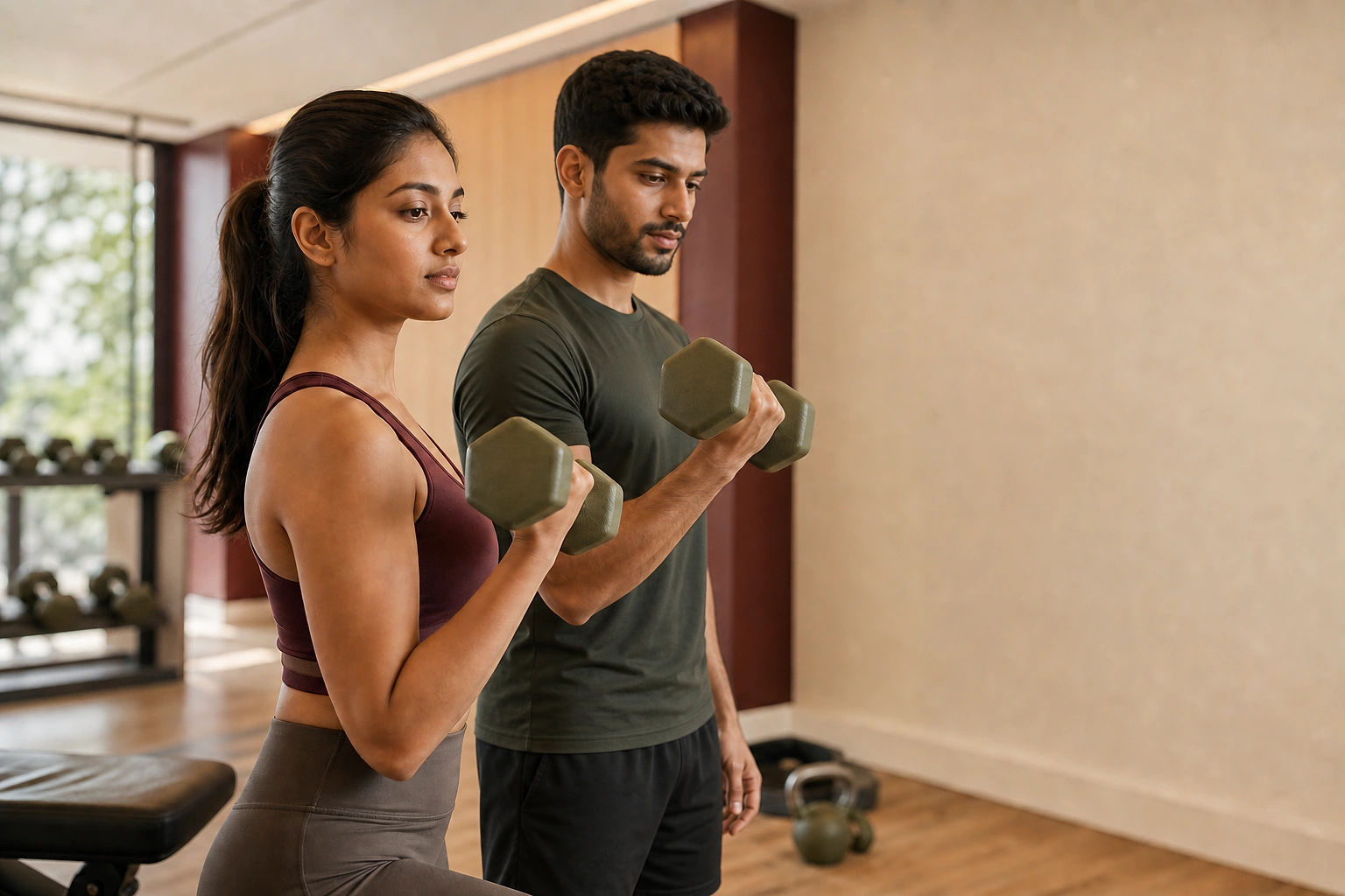 Two Indian professionals exercising together with dumbbells in a neighborhood fitness studio