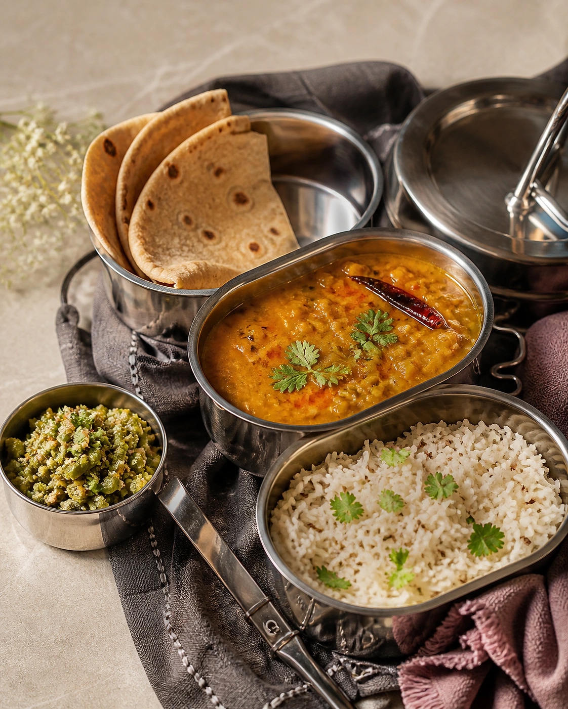 Fresh Indian lunch served in reusable stainless-steel tiffins