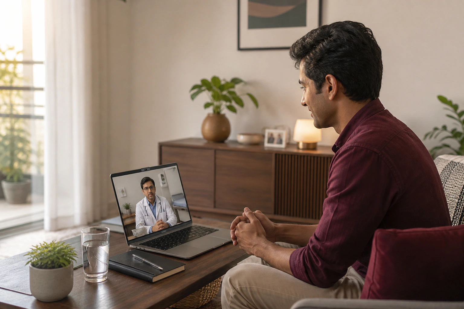 An Indian professional speaking with a doctor through a private video consultation